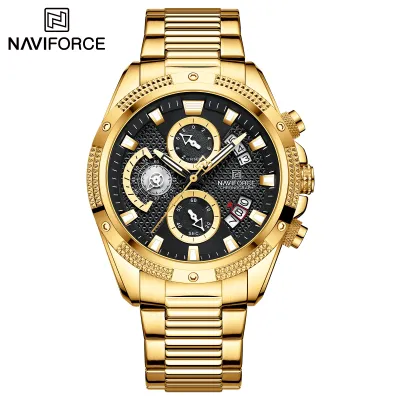 NAVIFORCE NF8021 Men Luxury Chronograph Quartz Watch Waterproof Date Stainless Steel Sport Luminous Fashion Watch - Golden Black